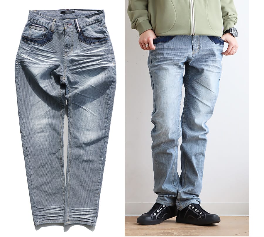 ヒッコリー デニムパンツ メンズ レディース ストライプ ストレッチ